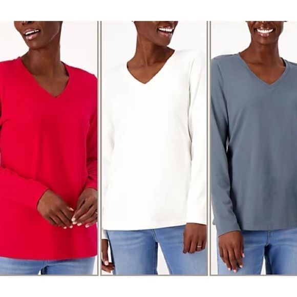 Denim & Co. Essentials 3-Pack Perfect Jersey Long Slv V-Neck Tops - Picture 1 of 4